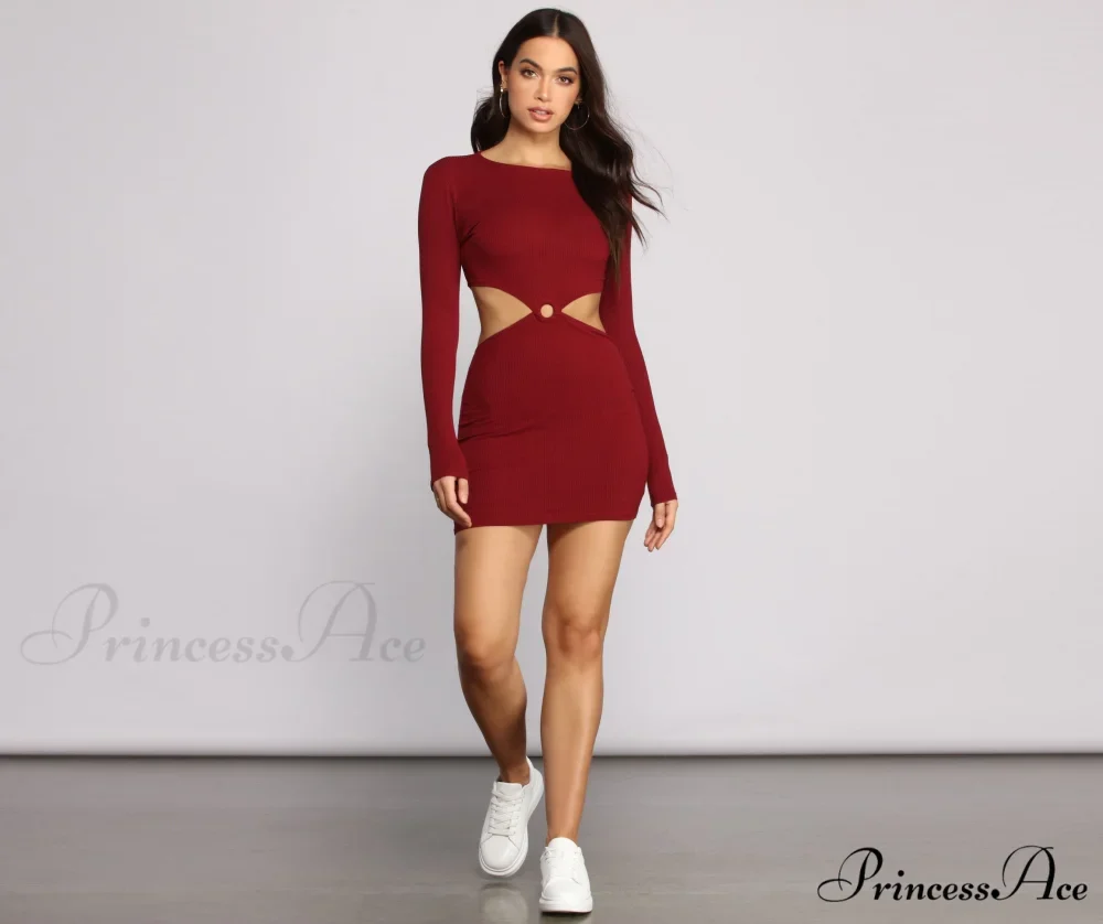 Ribbed Knit Stylish O-Ring Mini Dress - Image 8
