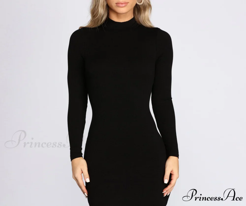 Ribbed Knit Mock Charming Neck Mini Dress - Image 3