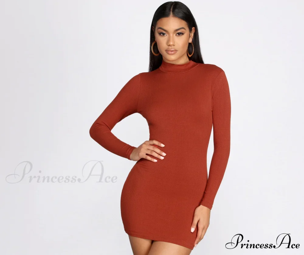 Ribbed Knit Mock Charming Neck Mini Dress - Image 5
