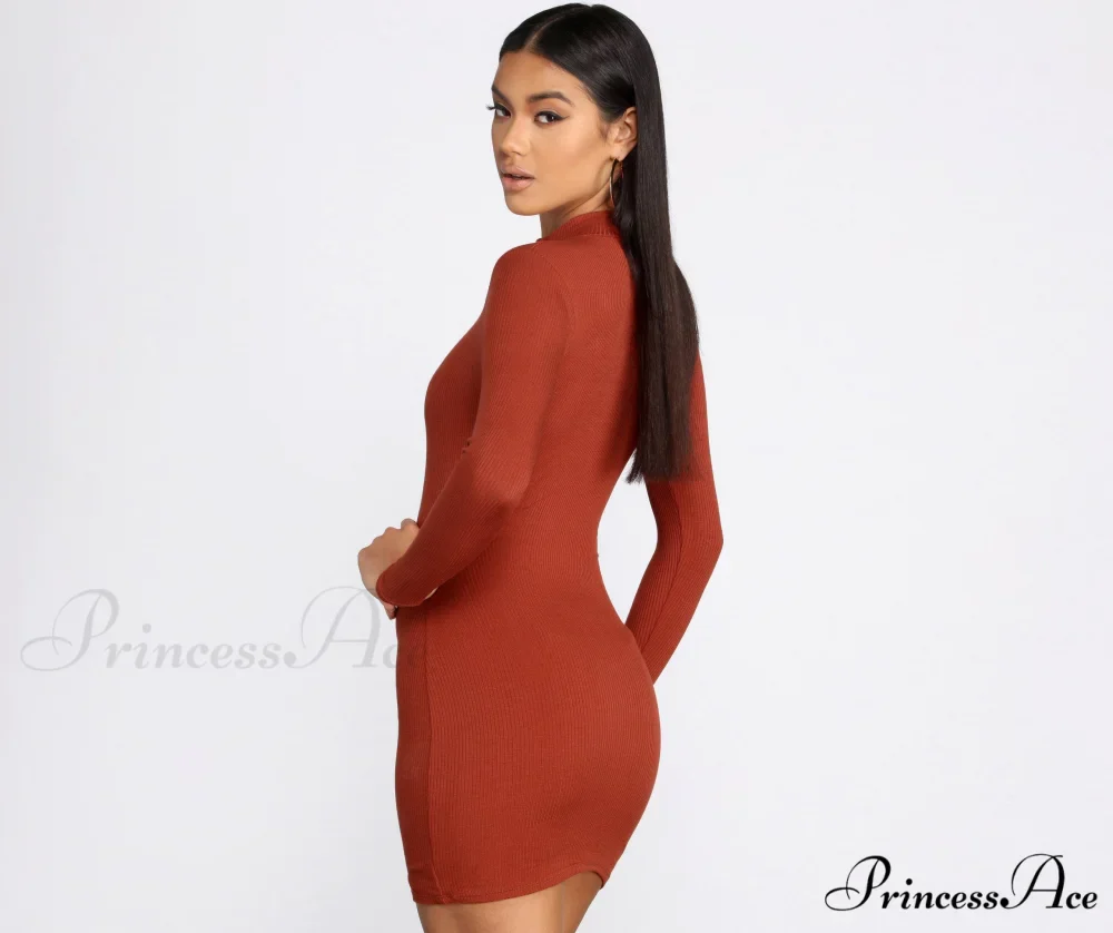 Ribbed Knit Mock Charming Neck Mini Dress - Image 6