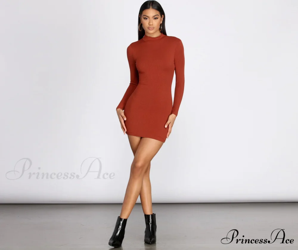 Ribbed Knit Mock Charming Neck Mini Dress - Image 7