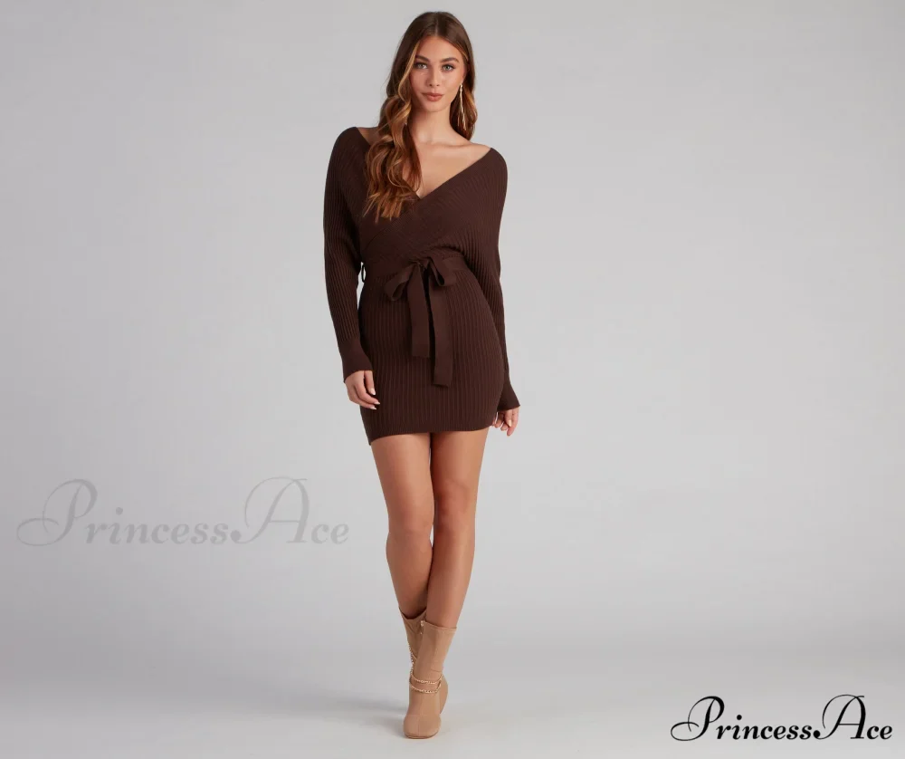 Ribbed Knit Tie-Front Charming Mini Sweater Dress - Image 2