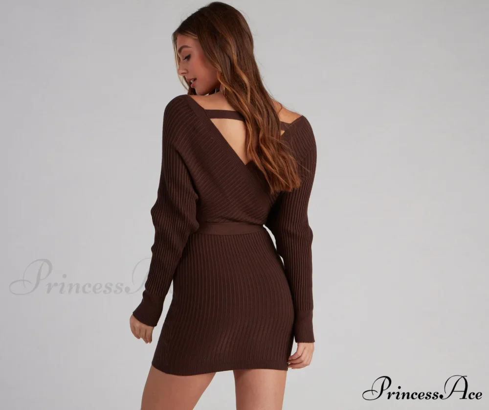 Ribbed Knit Tie-Front Charming Mini Sweater Dress - Image 3