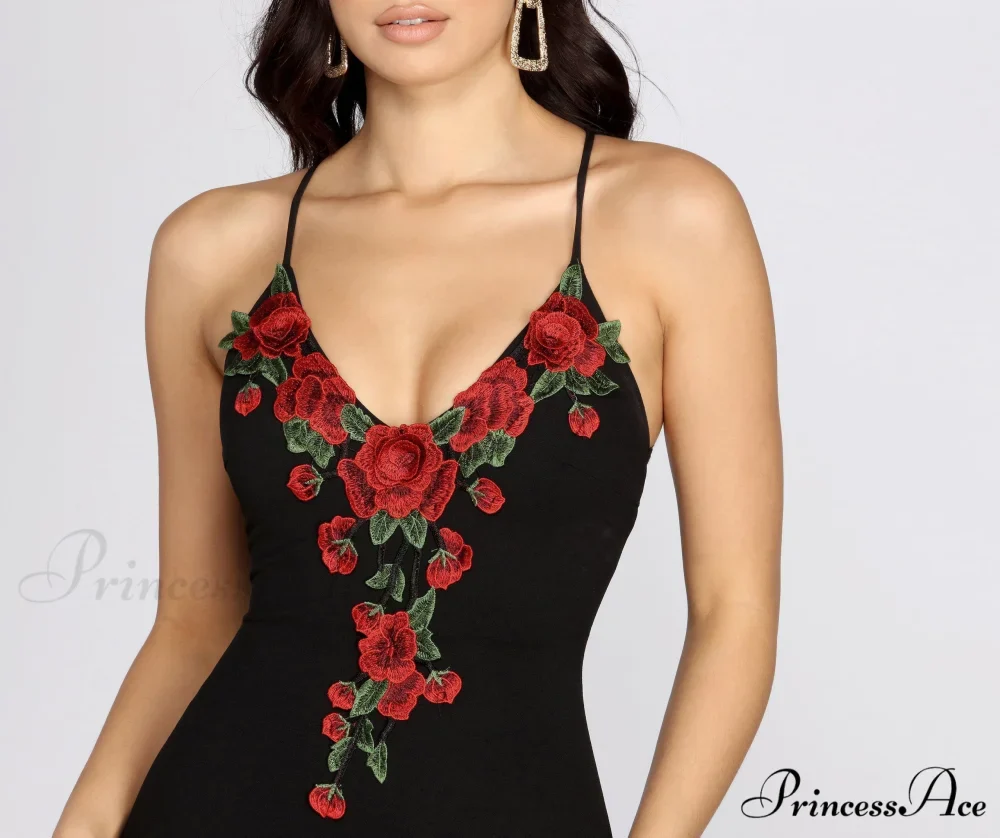 Rose Embroidered Stylish Bodycon Dress - Image 3