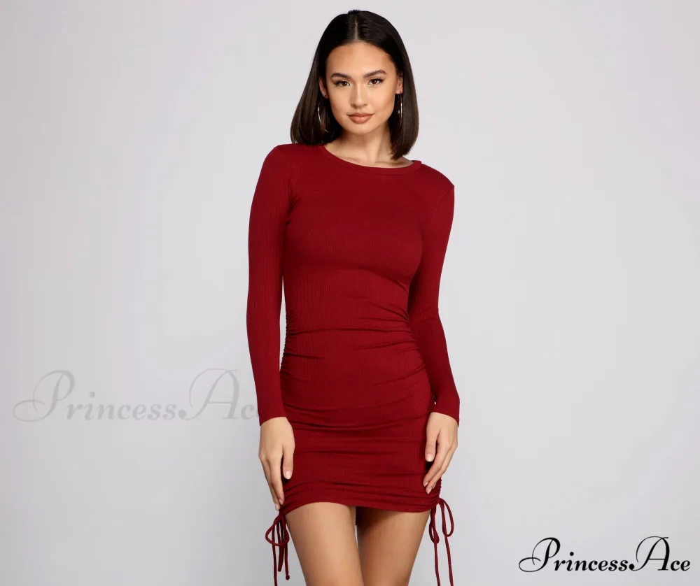 Ruched And Ribbed Knit Graceful Crew Neck Mini Dress