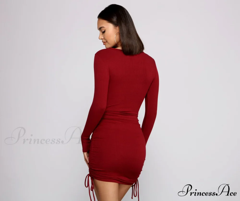 Ruched And Ribbed Knit Graceful Crew Neck Mini Dress - Image 2
