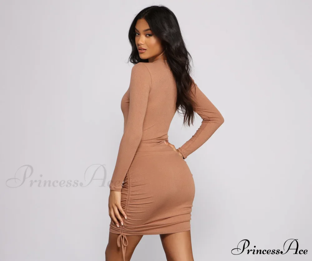 Ruched And Ribbed Knit Graceful Crew Neck Mini Dress - Image 25