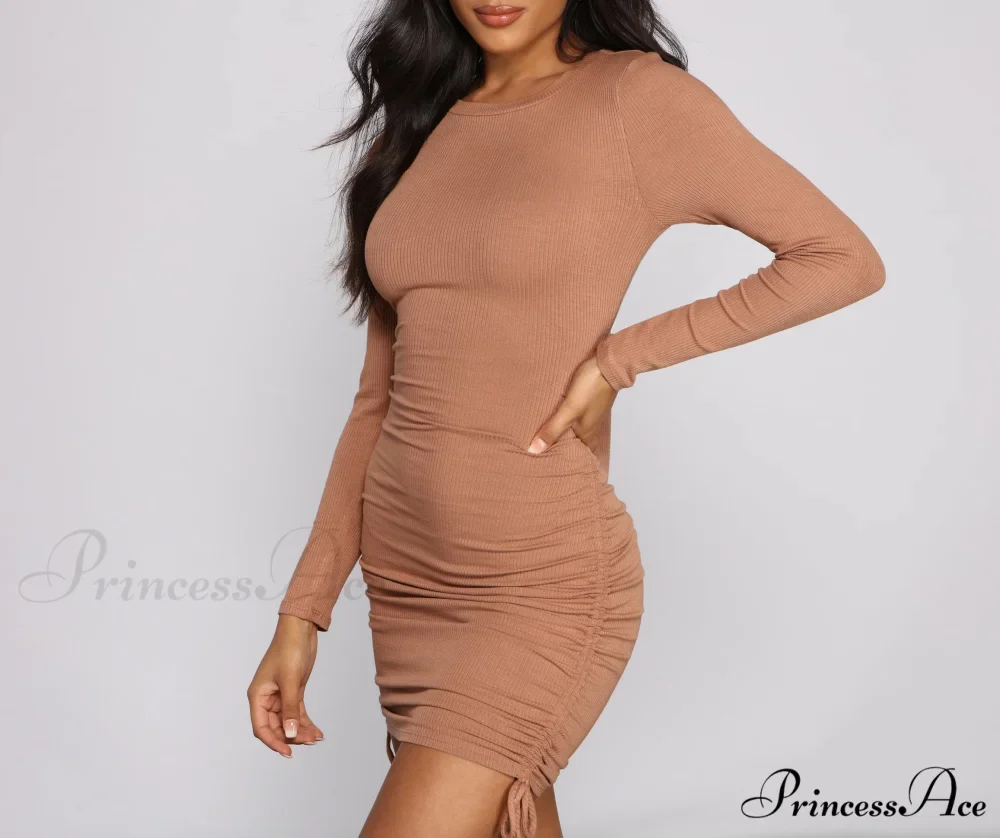 Ruched And Ribbed Knit Graceful Crew Neck Mini Dress - Image 26