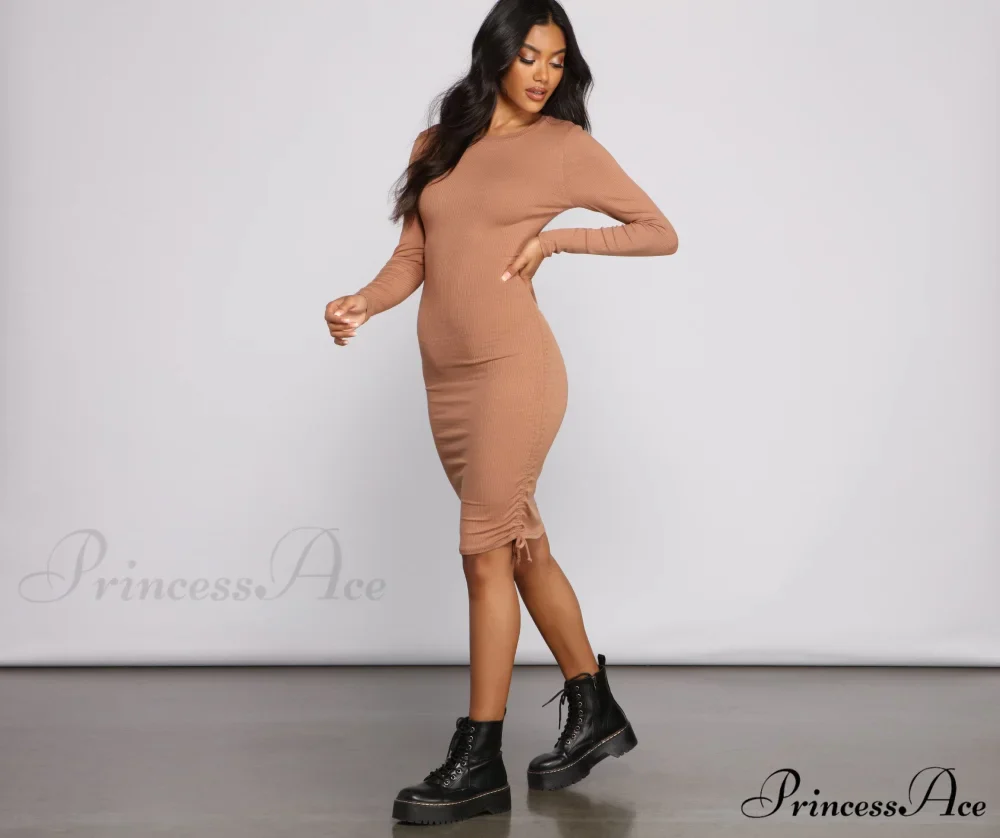 Ruched And Ribbed Knit Graceful Crew Neck Mini Dress - Image 28