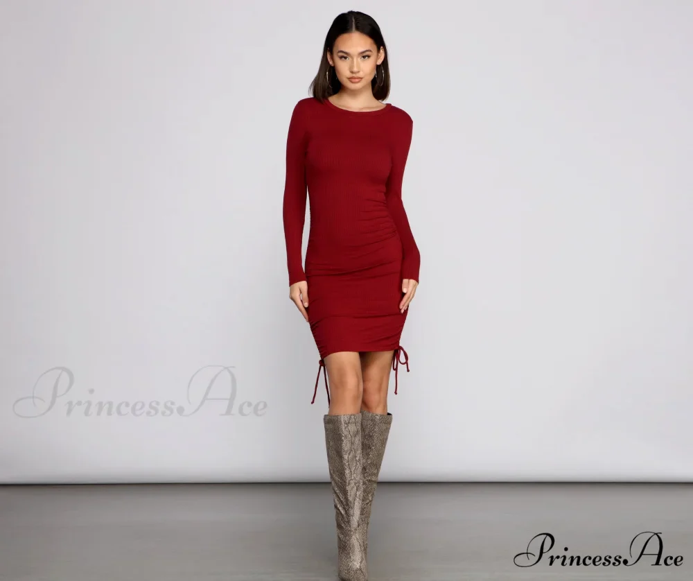 Ruched And Ribbed Knit Graceful Crew Neck Mini Dress - Image 5