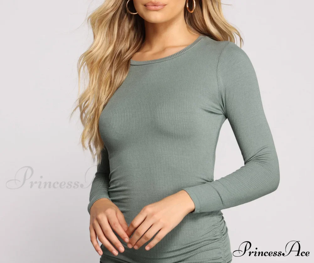 Ruched And Ribbed Knit Graceful Crew Neck Mini Dress - Image 8