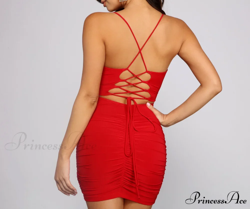 Ruched to The Max Graceful Lace Up Mini Dress - Image 3