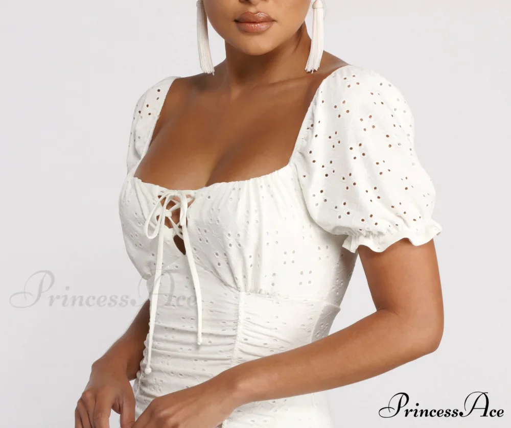 Ruffled Eyelet Puff Charming Sleeve Mini Dress - Image 4