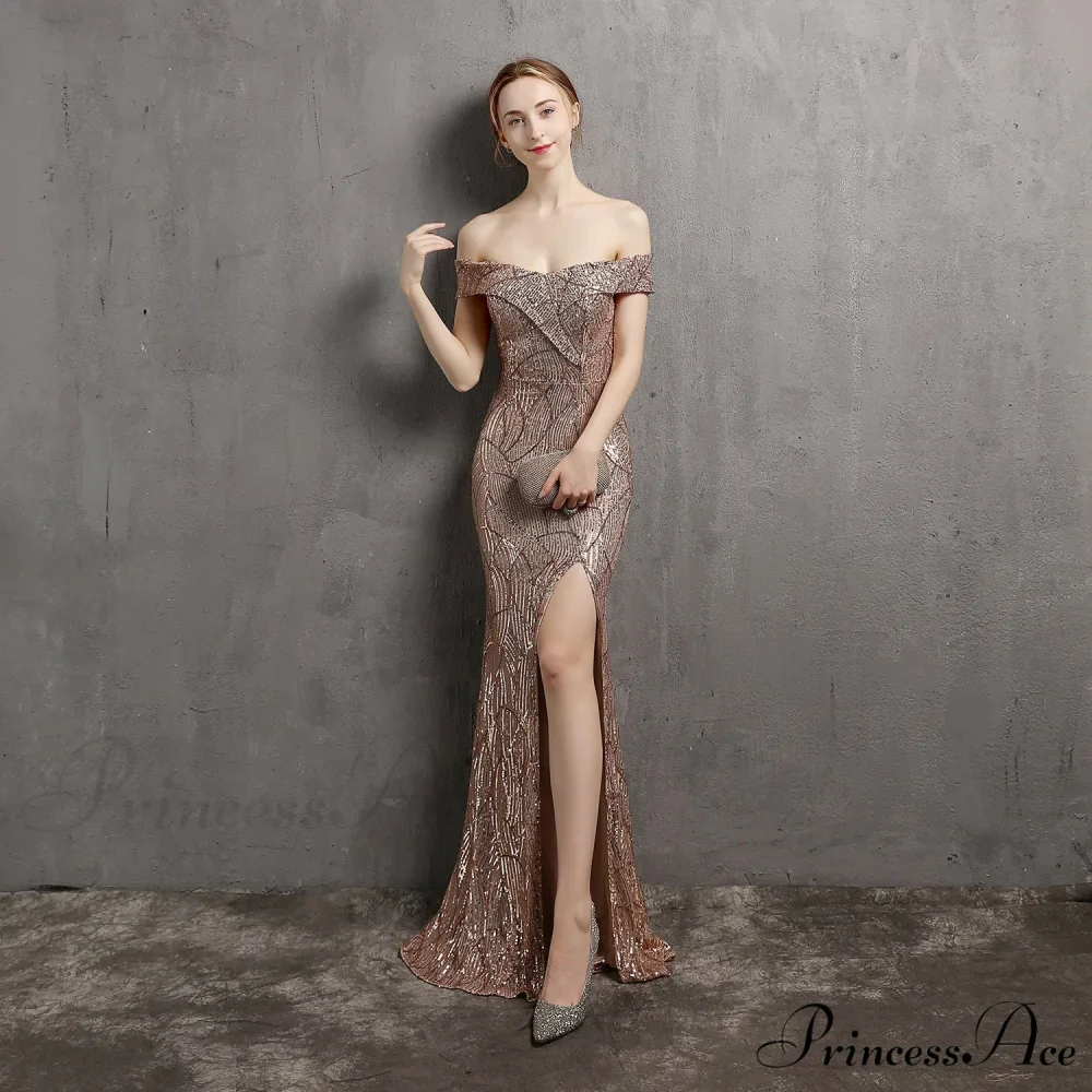Clara Glitter Off the Graceful Shoulder Split Dress For Prom - Image 20