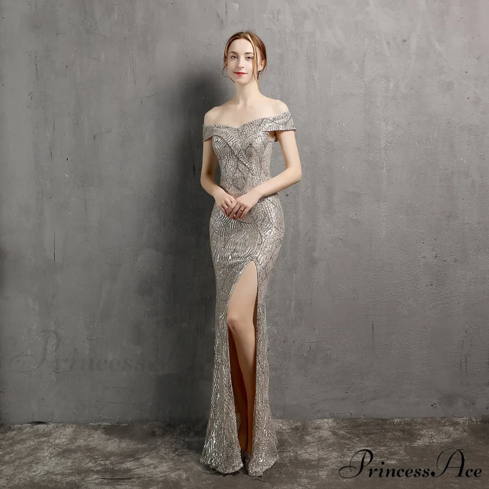 Clara Glitter Off the Graceful Shoulder Split Dress For Prom - Image 23