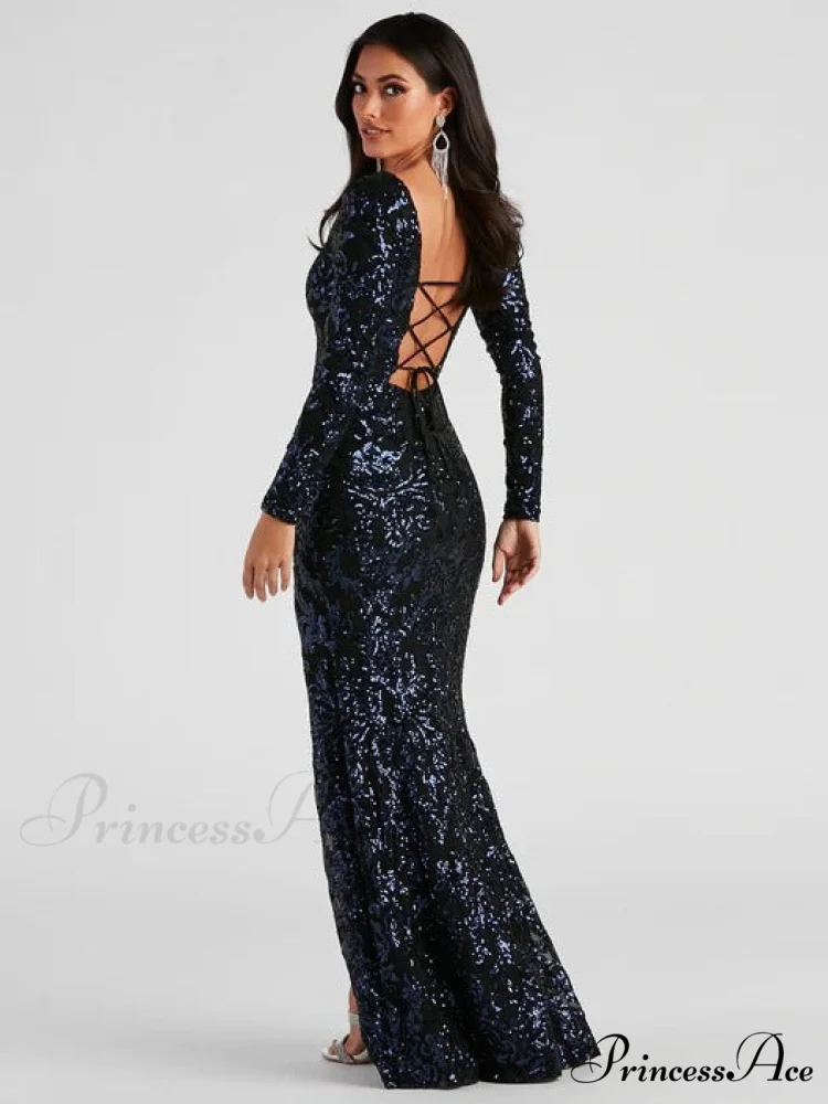 Backless Lace-Up Long Charming Sleeve Sequin Party Dress - Image 3
