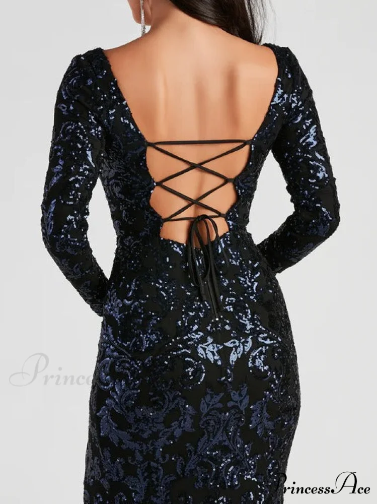 Backless Lace-Up Long Charming Sleeve Sequin Party Dress - Image 4
