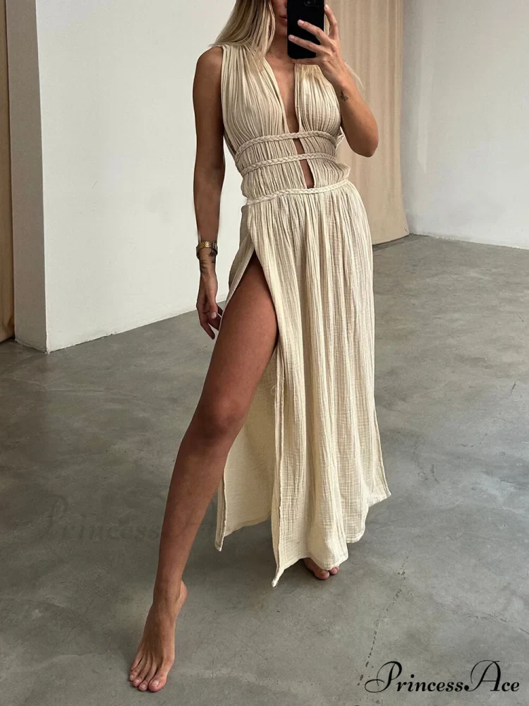 Boho Braids Belt Cutout Graceful Slit Kaftan Maxi Dress - Image 3