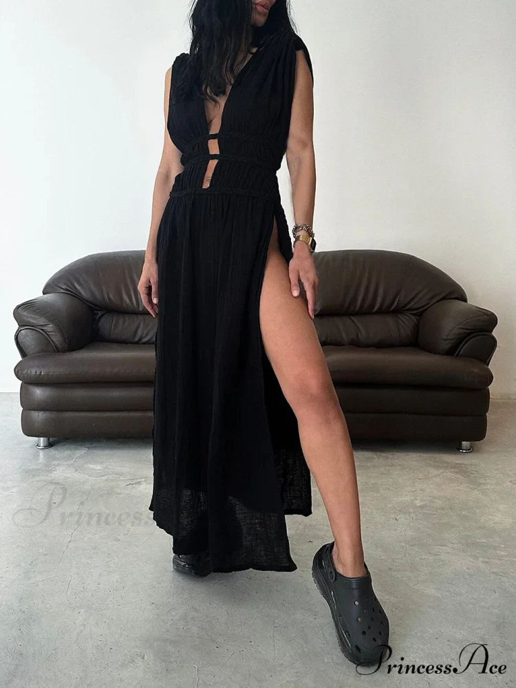 Boho Braids Belt Cutout Graceful Slit Kaftan Maxi Dress - Image 4