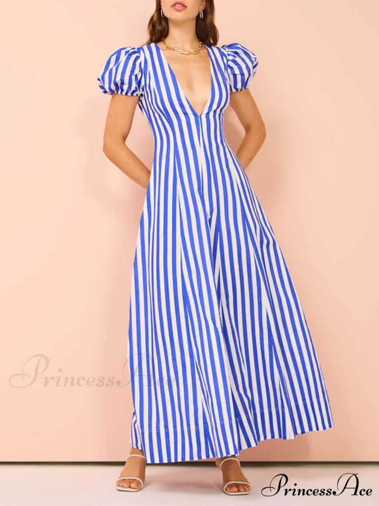 Bubble Sleeve In Charming Stripe Wavy Maxi Dress - Image 3