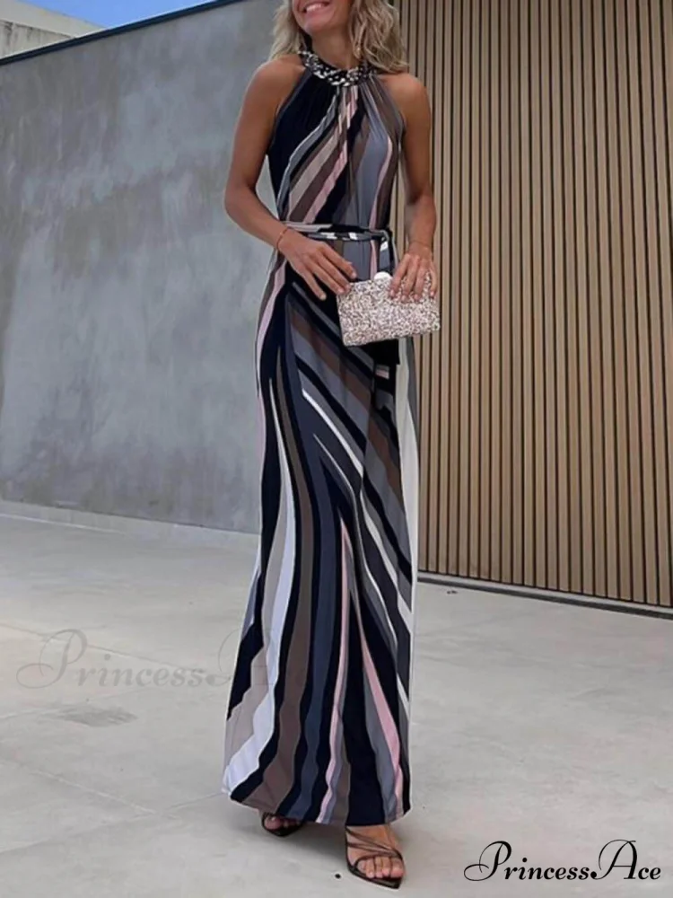 Casual Loose Halterneck Striped Graceful Gradient Print Maxi Dress - Image 2