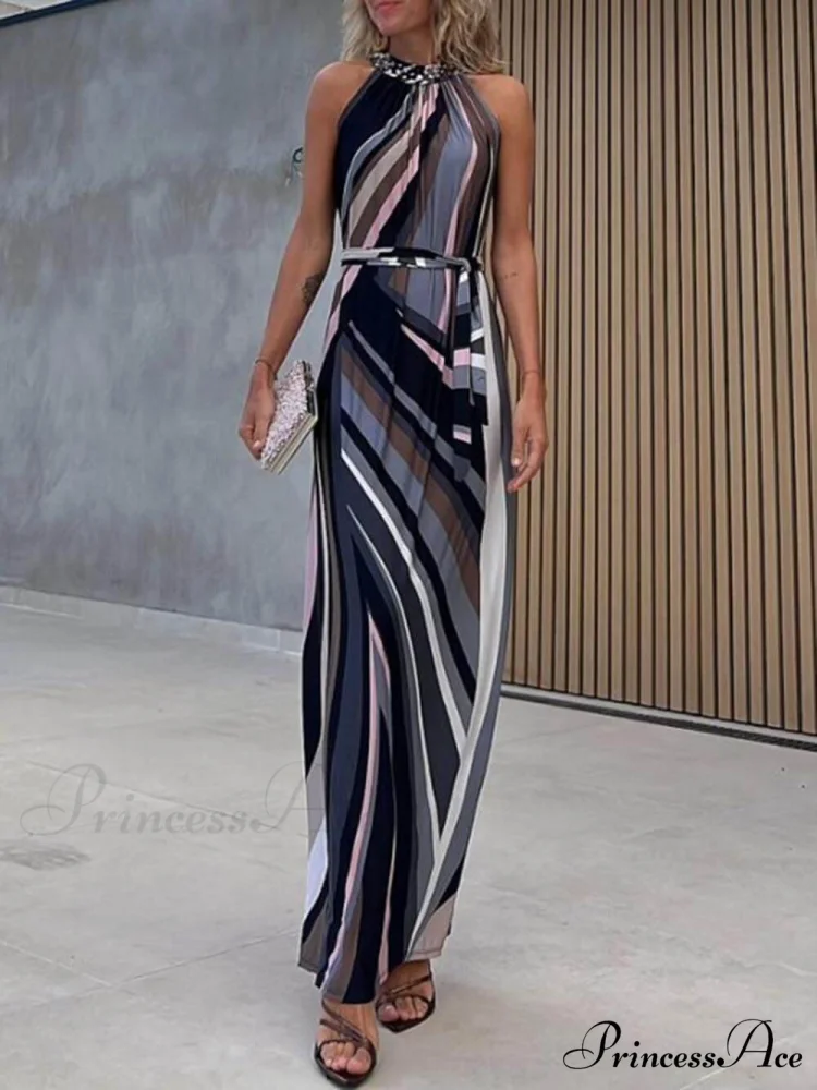 Casual Loose Halterneck Striped Graceful Gradient Print Maxi Dress - Image 3