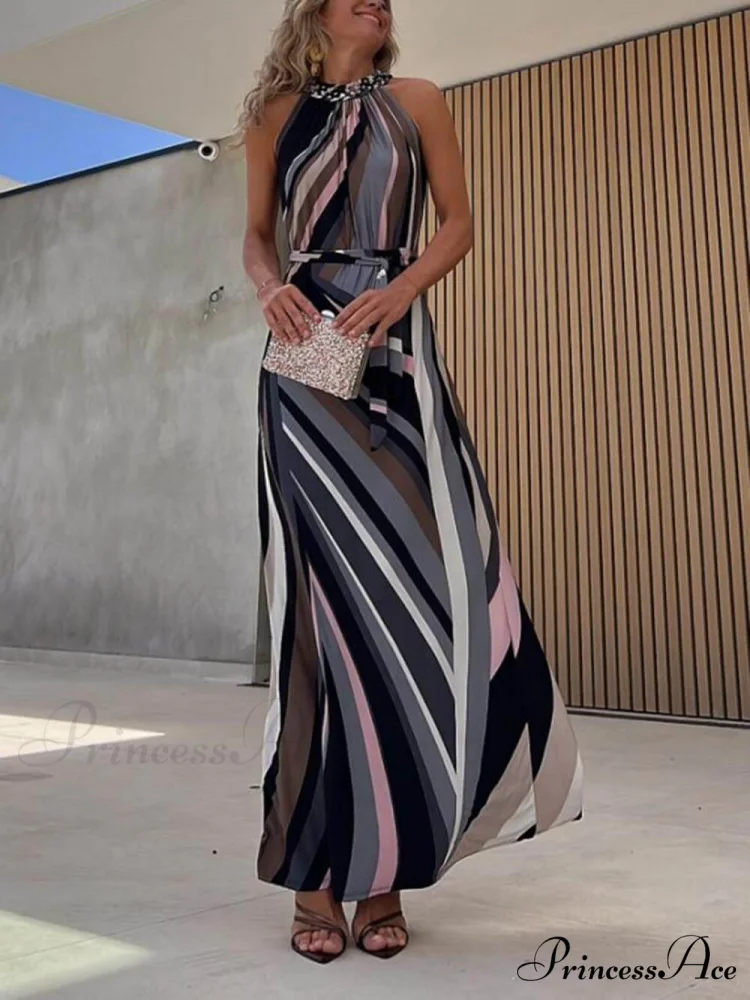 Casual Loose Halterneck Striped Graceful Gradient Print Maxi Dress - Image 4