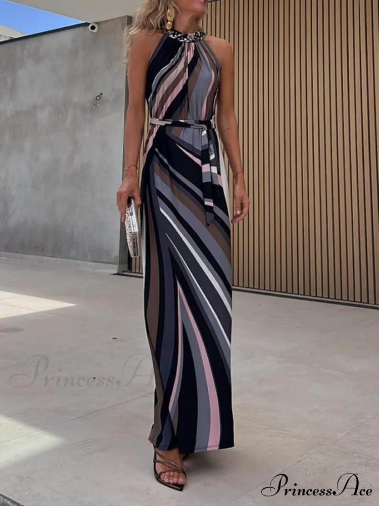 Casual Loose Halterneck Striped Graceful Gradient Print Maxi Dress - Image 6