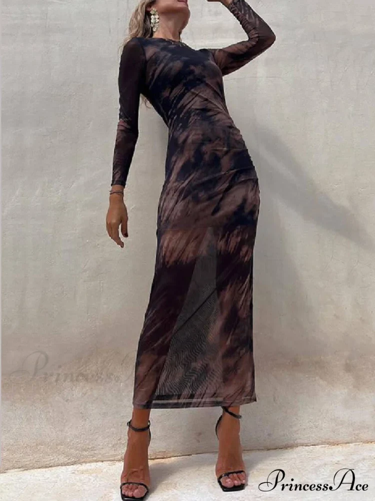 Charm Lady Mesh Overlay Tie Dye Modern Print Long Sleeve Ruched Stretch Midi Dress - Image 10