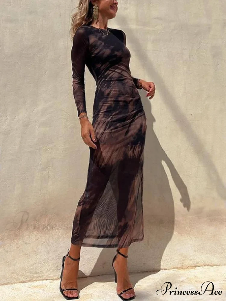 Charm Lady Mesh Overlay Tie Dye Modern Print Long Sleeve Ruched Stretch Midi Dress - Image 11