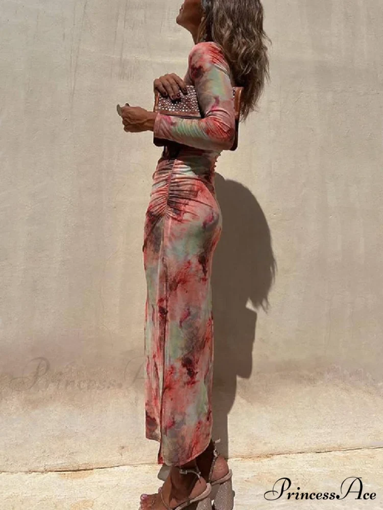 Charm Lady Mesh Overlay Tie Dye Modern Print Long Sleeve Ruched Stretch Midi Dress - Image 2