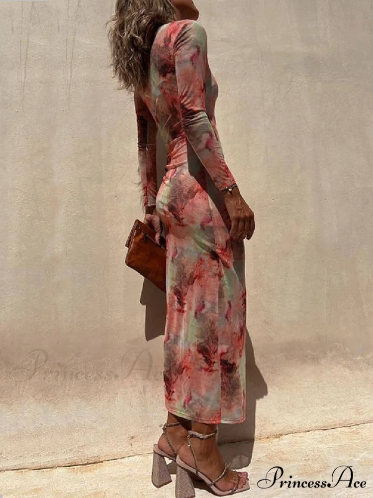 Charm Lady Mesh Overlay Tie Dye Modern Print Long Sleeve Ruched Stretch Midi Dress - Image 3