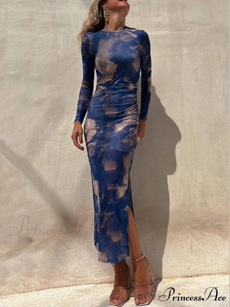 Charm Lady Mesh Overlay Tie Dye Modern Print Long Sleeve Ruched Stretch Midi Dress - Image 5