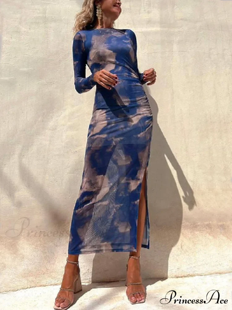 Charm Lady Mesh Overlay Tie Dye Modern Print Long Sleeve Ruched Stretch Midi Dress - Image 6