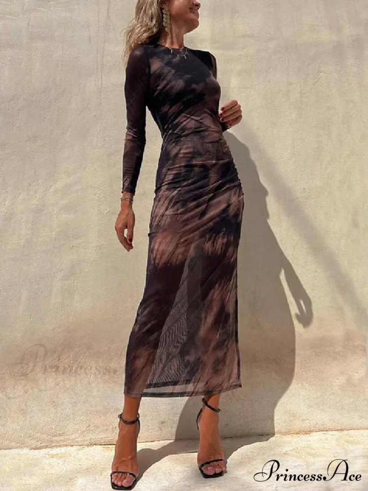 Charm Lady Mesh Overlay Tie Dye Modern Print Long Sleeve Ruched Stretch Midi Dress - Image 8