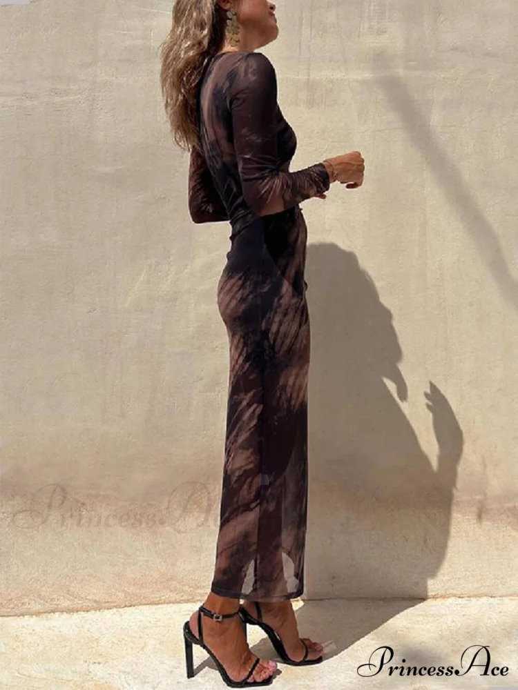 Charm Lady Mesh Overlay Tie Dye Modern Print Long Sleeve Ruched Stretch Midi Dress - Image 9