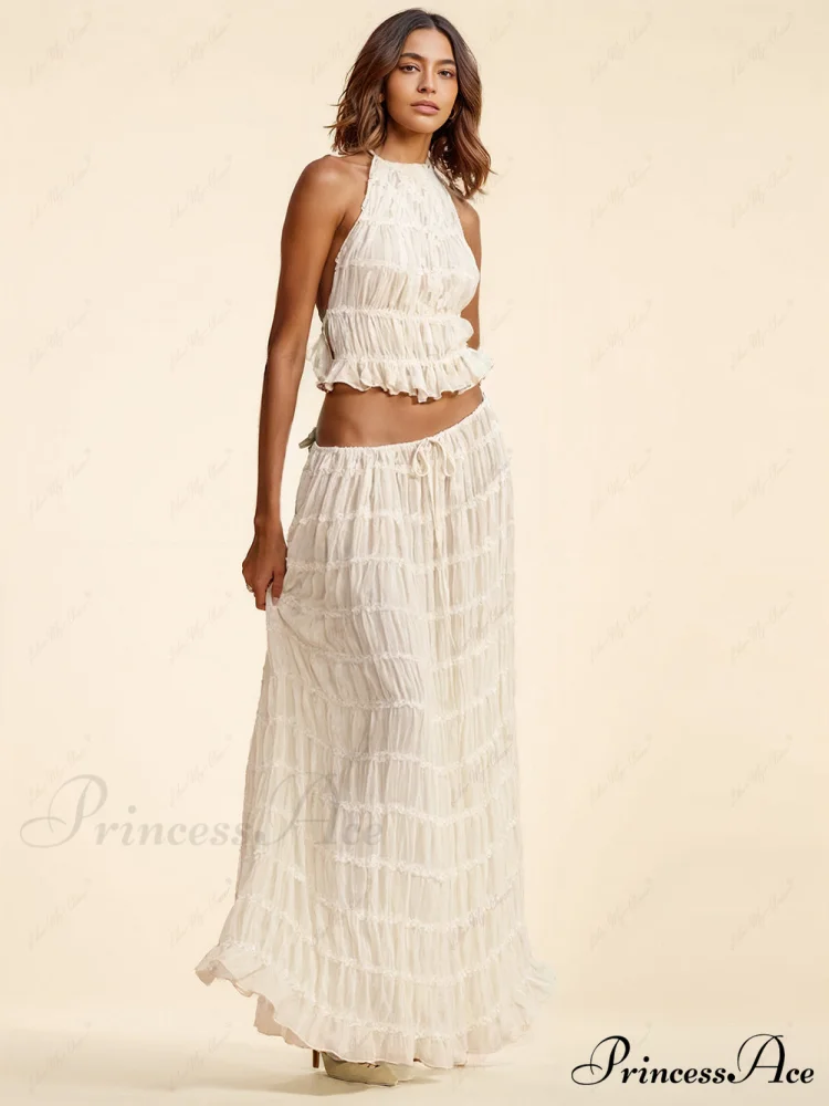 Charm Pleated Drawstring Charming Waist Tiered Maxi Skirt - Image 2