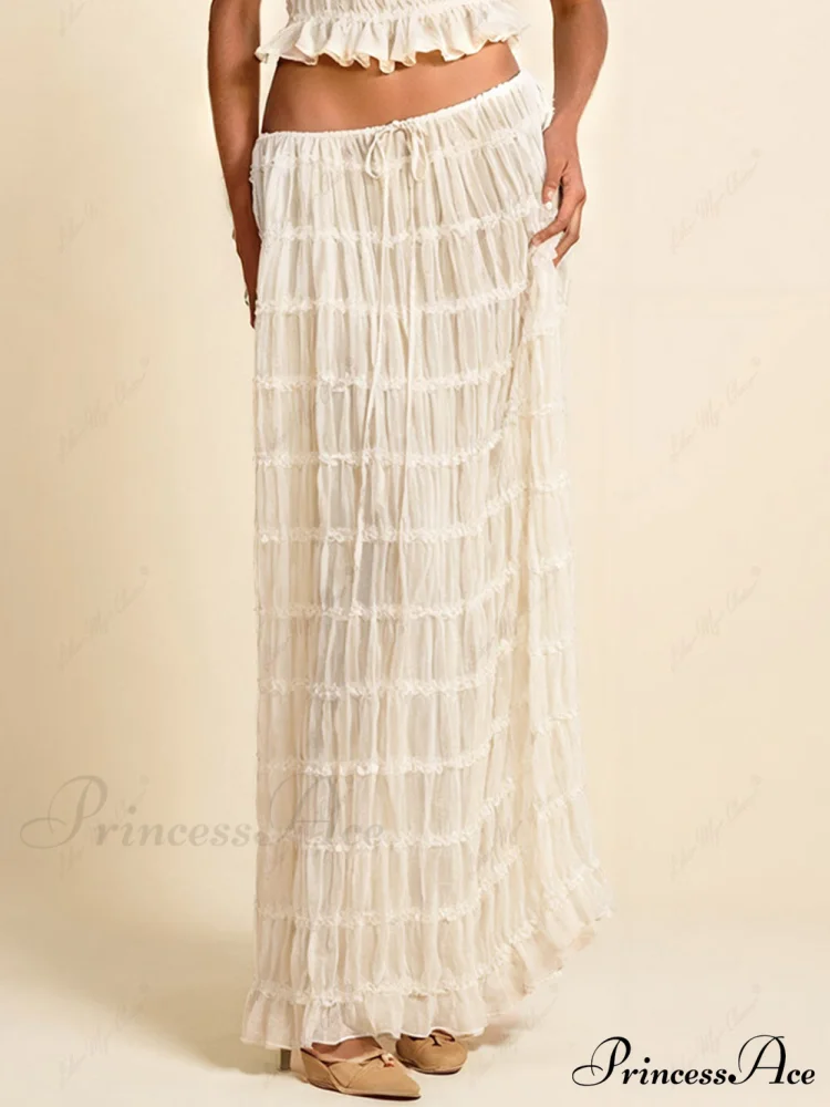 Charm Pleated Drawstring Charming Waist Tiered Maxi Skirt - Image 7