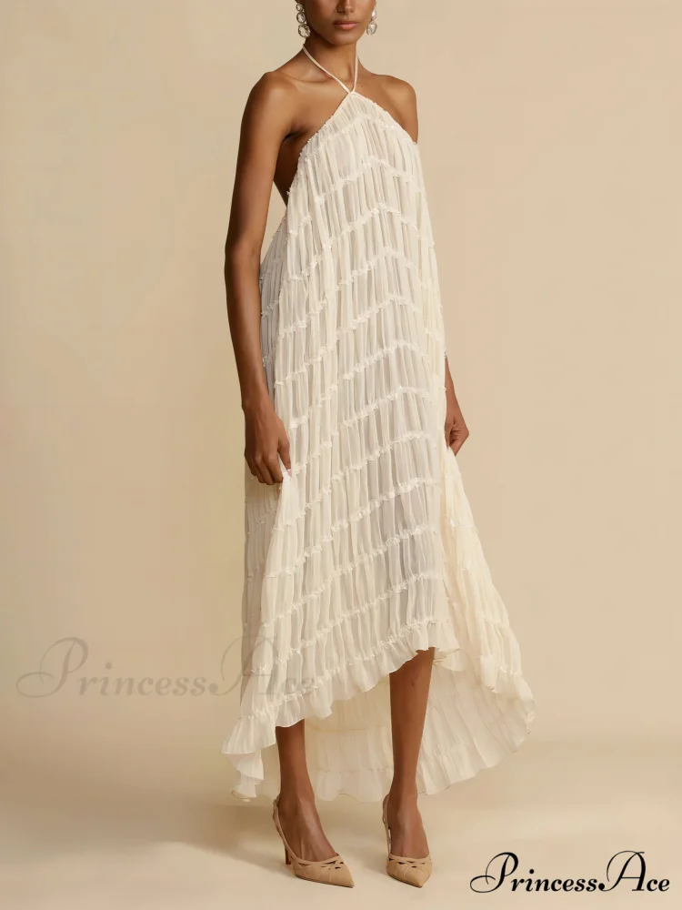 Charming Pleated Drawstring Waist Graceful Tiered Halterneck Midi Dress - Image 2