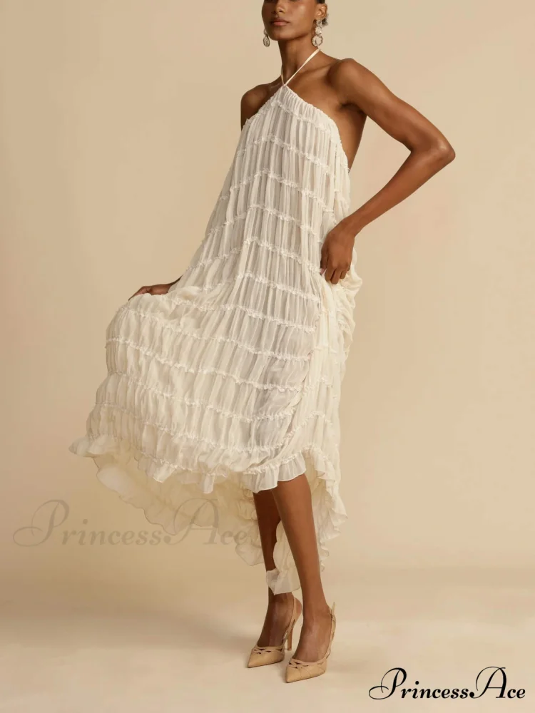 Charming Pleated Drawstring Waist Graceful Tiered Halterneck Midi Dress - Image 3