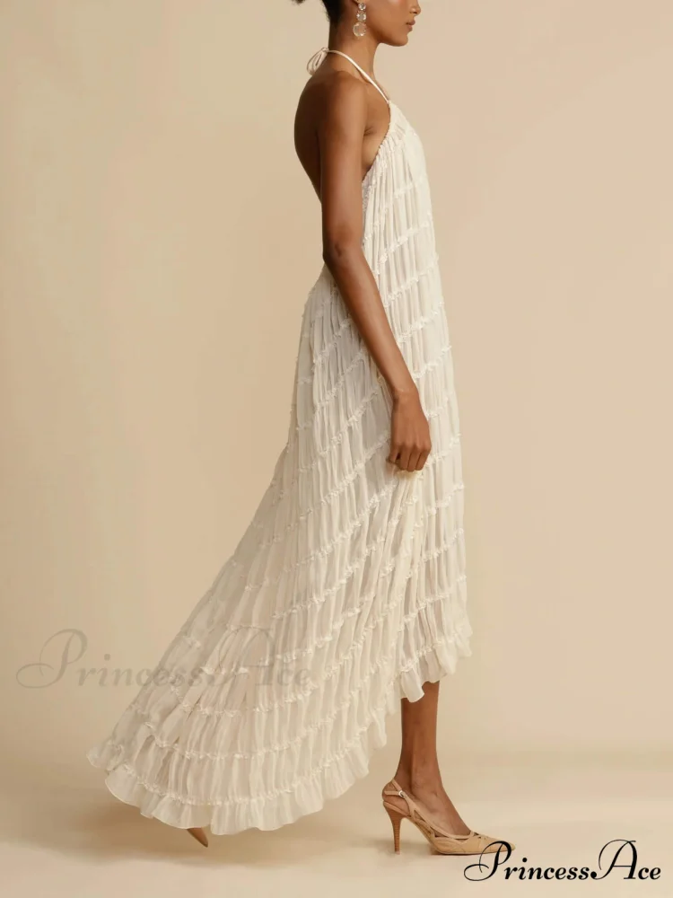 Charming Pleated Drawstring Waist Graceful Tiered Halterneck Midi Dress - Image 4