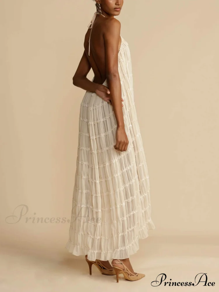 Charming Pleated Drawstring Waist Graceful Tiered Halterneck Midi Dress - Image 5