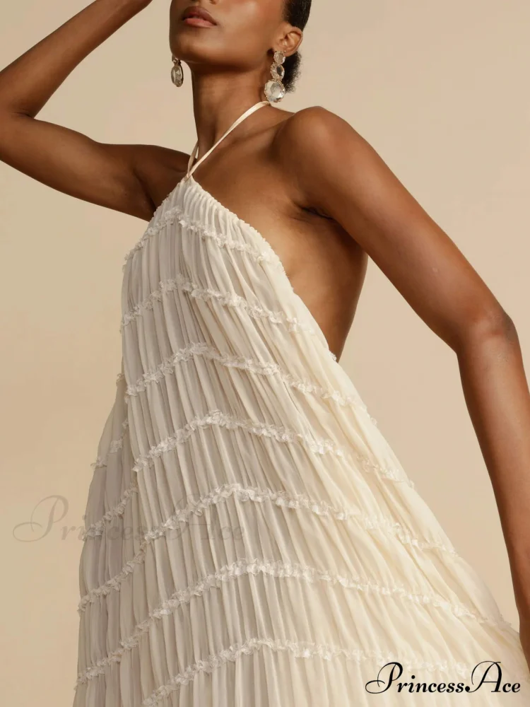 Charming Pleated Drawstring Waist Graceful Tiered Halterneck Midi Dress - Image 6