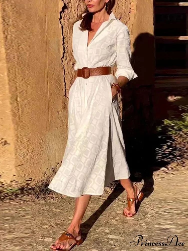 Check Print Belt Button Graceful Pocket Long Sleeve Midi Dress - Image 2