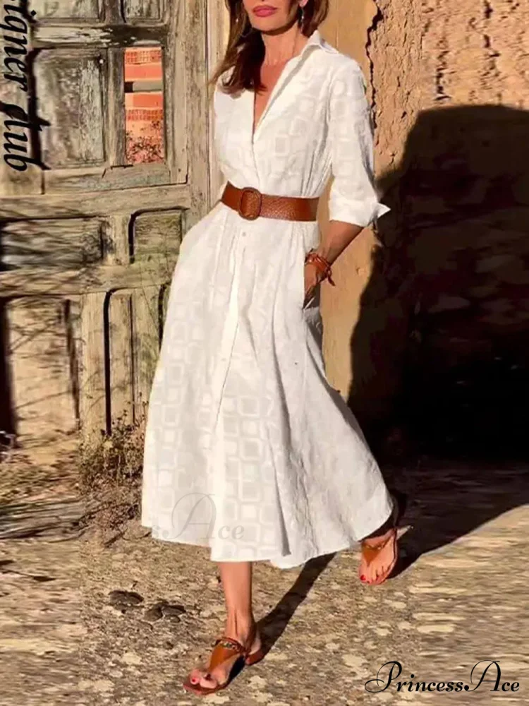 Check Print Belt Button Graceful Pocket Long Sleeve Midi Dress - Image 3