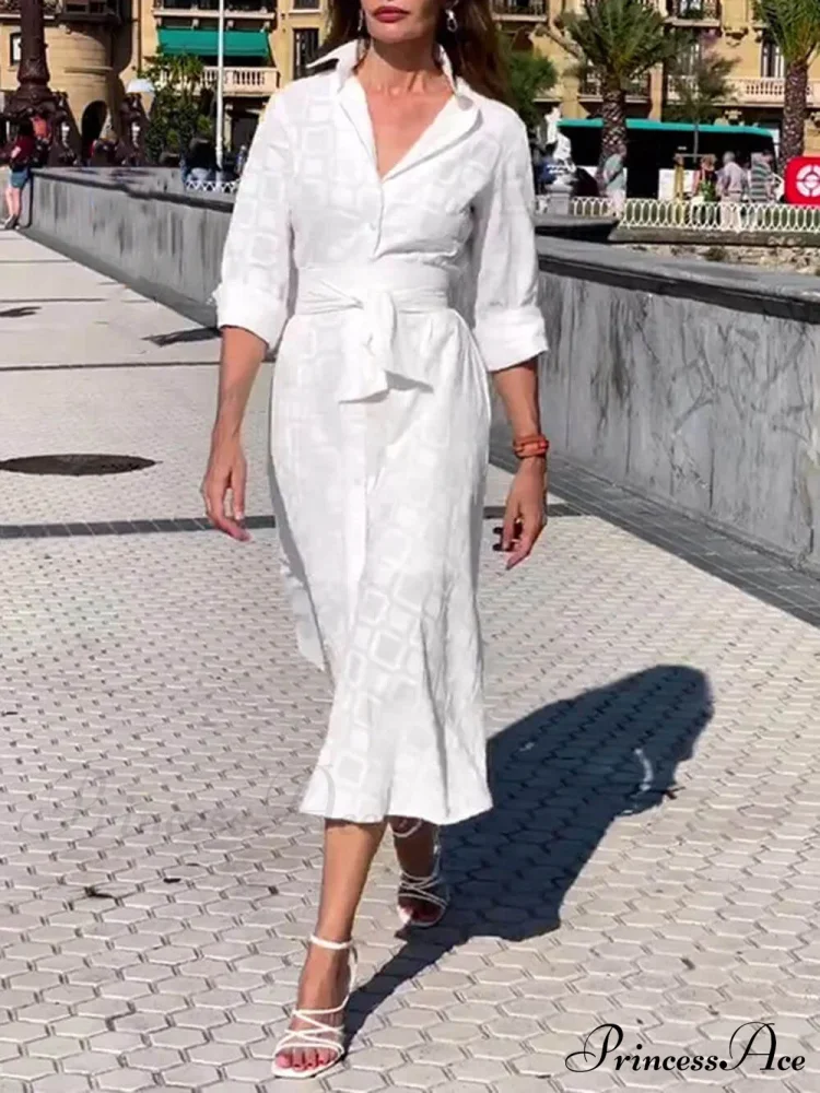 Check Print Belt Button Graceful Pocket Long Sleeve Midi Dress - Image 4