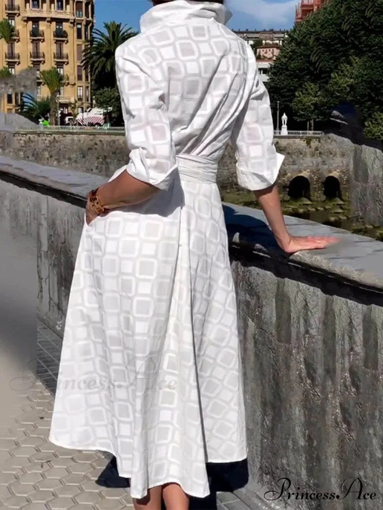 Check Print Belt Button Graceful Pocket Long Sleeve Midi Dress - Image 5