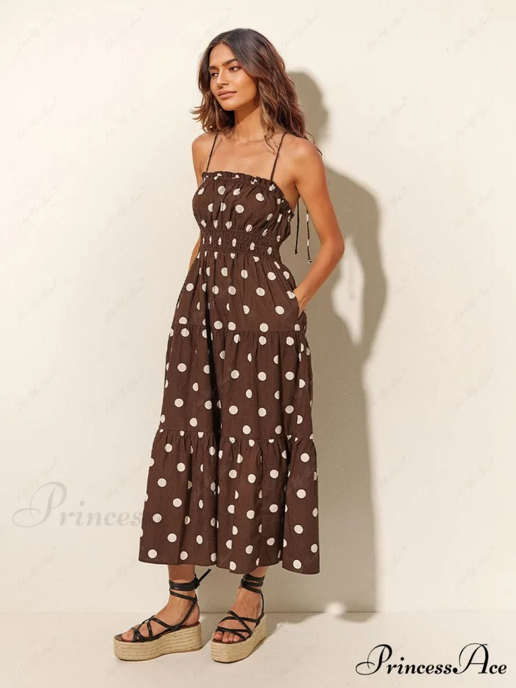 Chocolate And Ivory Polka Dot Trendy Print Pleated Elastic Strap Dress - Image 2