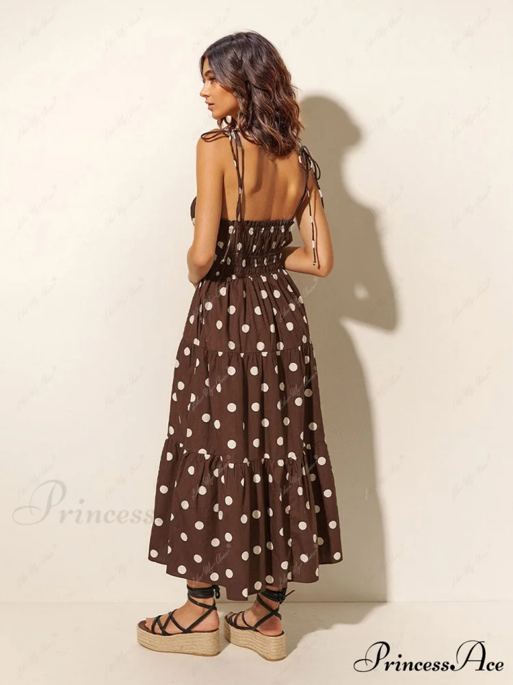 Chocolate And Ivory Polka Dot Trendy Print Pleated Elastic Strap Dress - Image 3