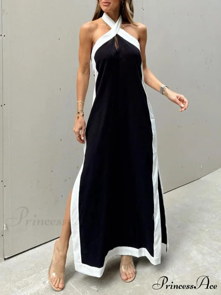Color Block Halter Charming Neck Slit Maxi Dress - Image 2